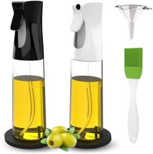 2 x 300 ml pulverizator de ulei pentru ulei de gătit + pâlnie + 2 suporturi antiderapante | Spray de gătit fără BPA pentru ulei, oțet, soia, lămâie