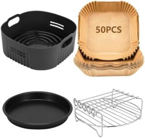 4 buc. Accesorii pentru friteuză cu aer cald de 22 cm - Accesorii pentru friteură cu aer pentru Philips Airfryer 7.2L XXL, 8.3L, COSORI 5.5L, Ninja 6.2L, Aigostar 7L, grătar pentru gătit Pizza Pan Hartie de copt Formă din silicon pentru aer cald