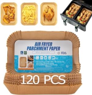 120 buc Hârtie de copt pentru friteuza cu aer cald Ninja Hârtie de copt pentru friteuza cu aer cu două zone Ninja, accesorii pentru friteuză cu aer compatibil cu Ninja AF300EU AF400EU, Princess și alte mașini cu două zone